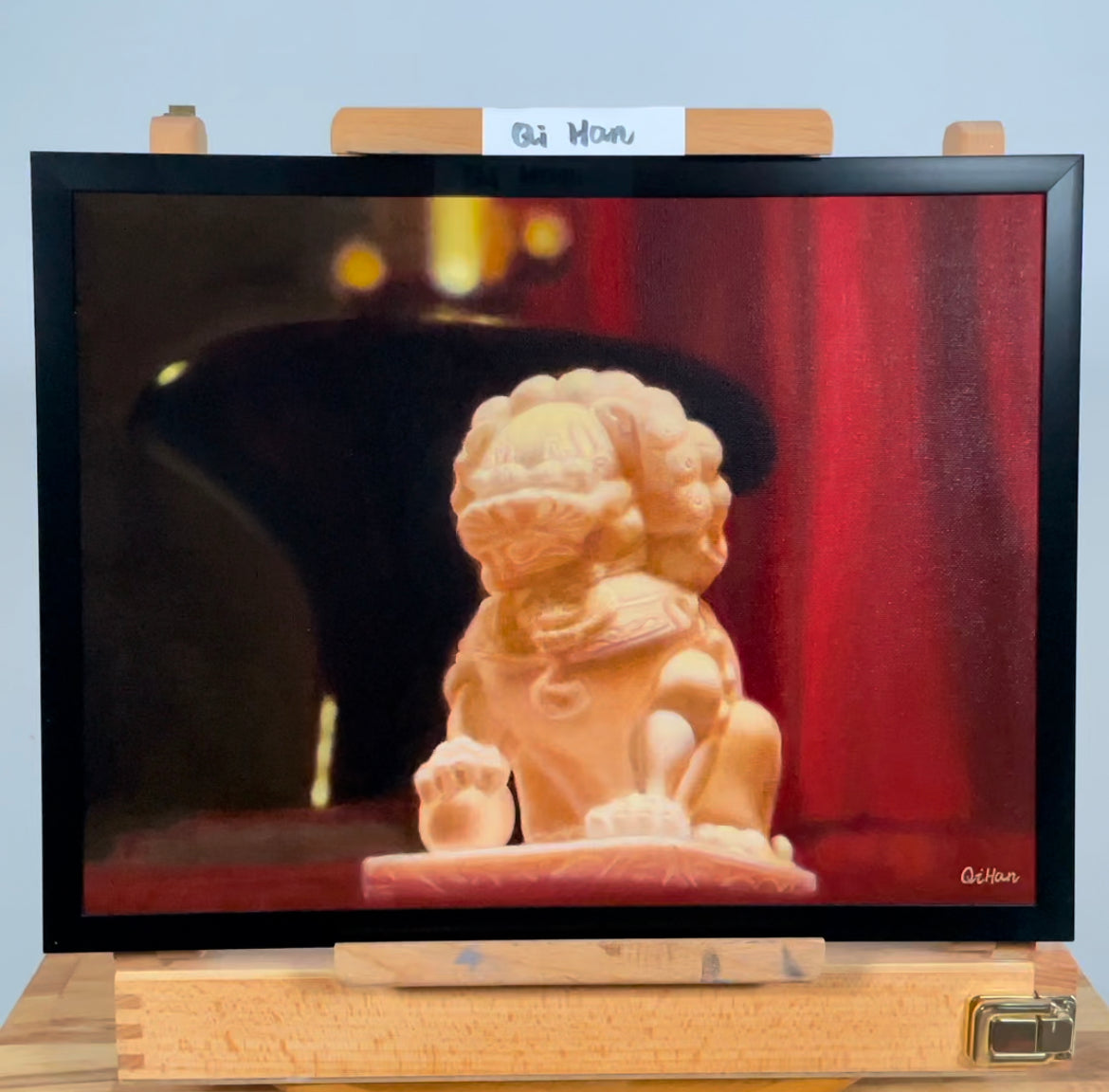 Still life Artwork, Foo Dog Oil Painting, Vintage Chinese Lion Art