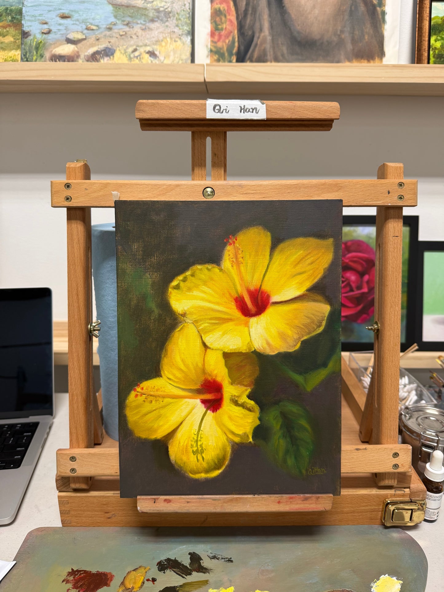 Floral Artwork, Sun-kissed Hibiscus, Oil Painting on Wood Panel
