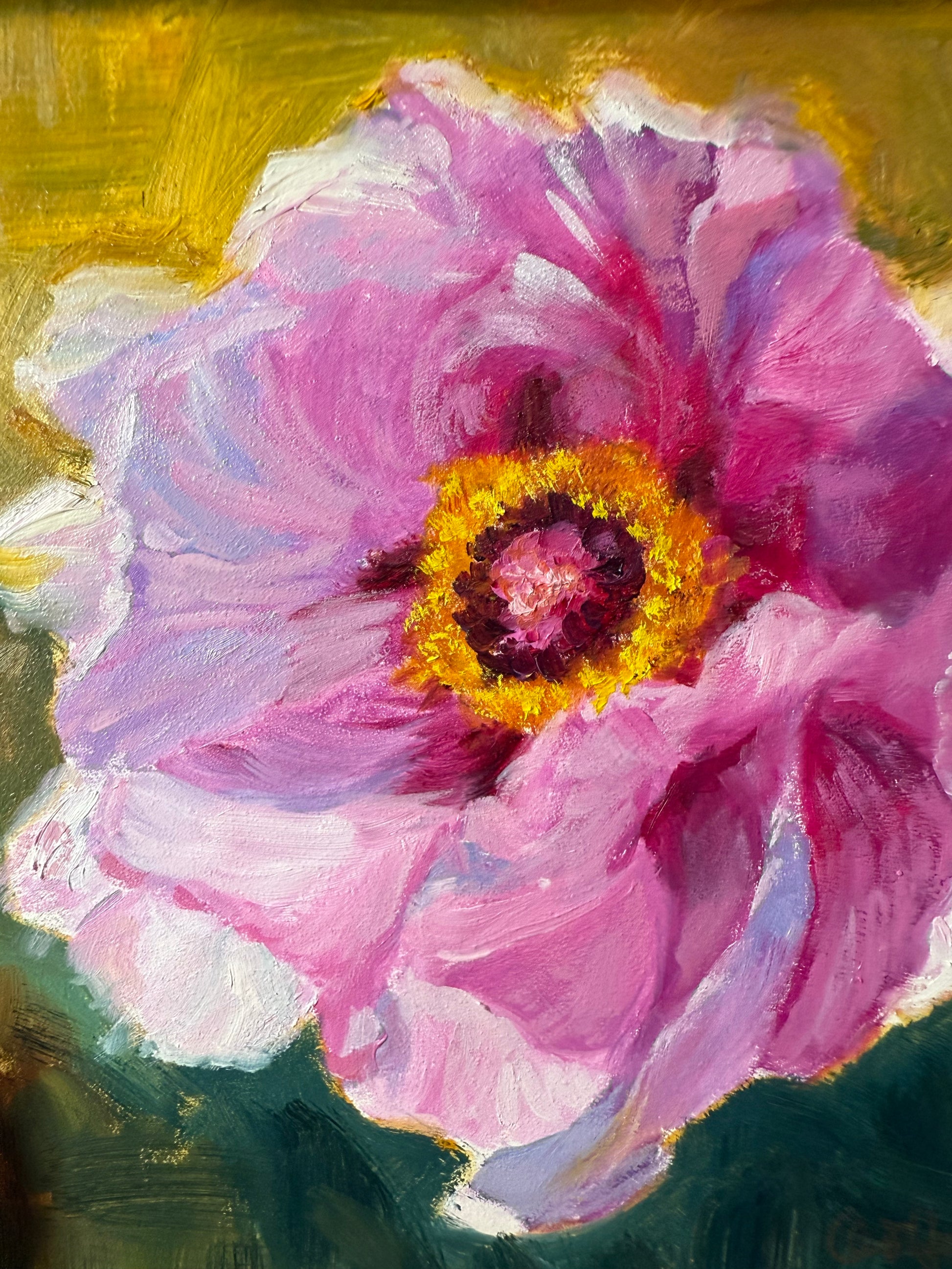 Painting of a pink flower with a yellow center on a textured background