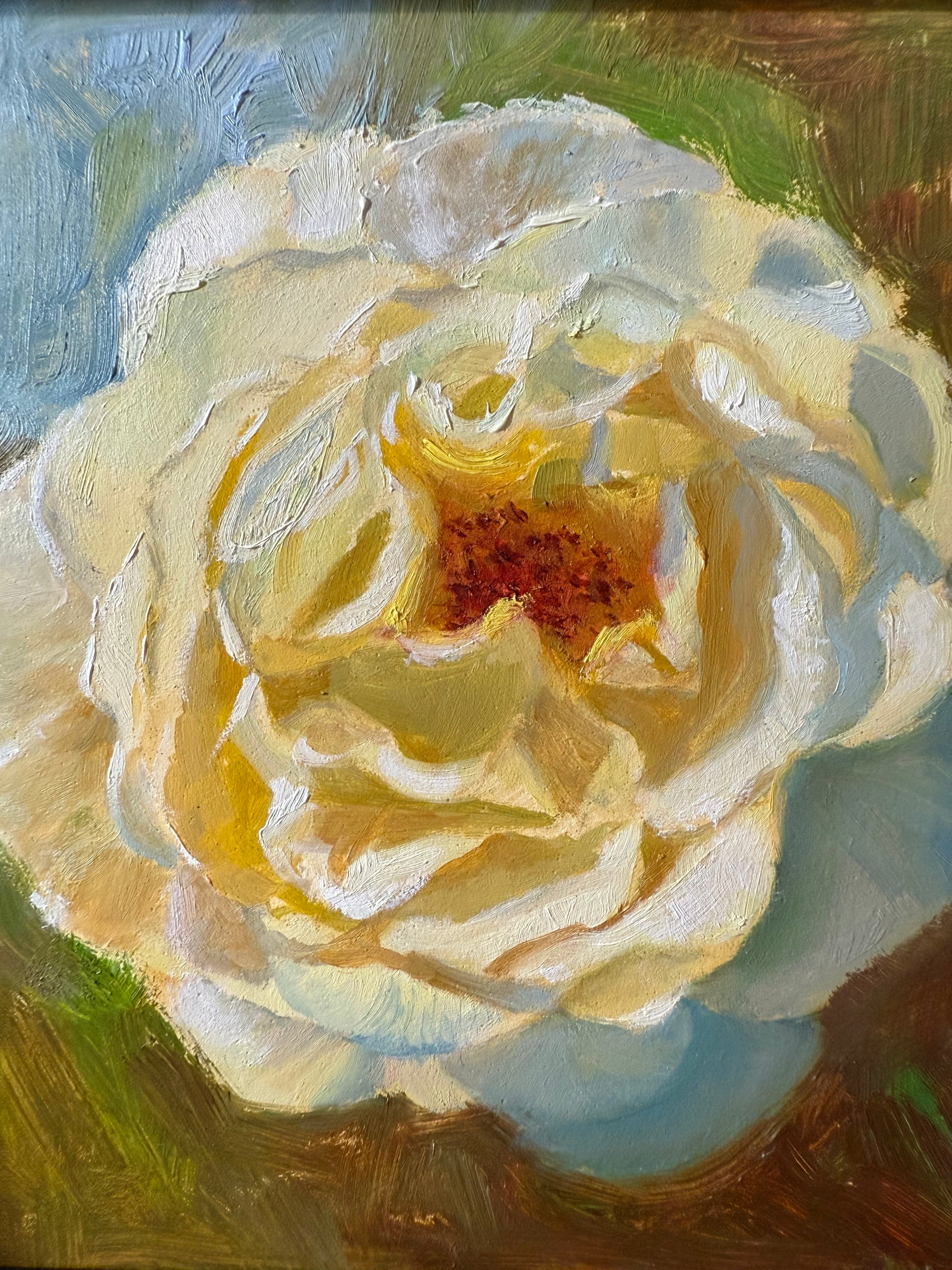 Oil painting of a white rose with a textured background