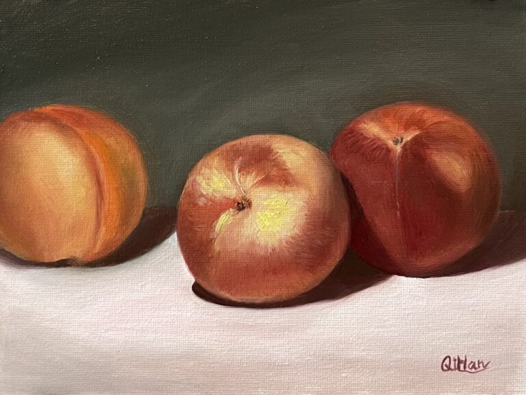 Still life Artwork, Peaches in Light, Oil painting on canvas