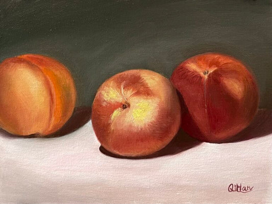 Still life Artwork, Peaches in Light, Oil painting on canvas