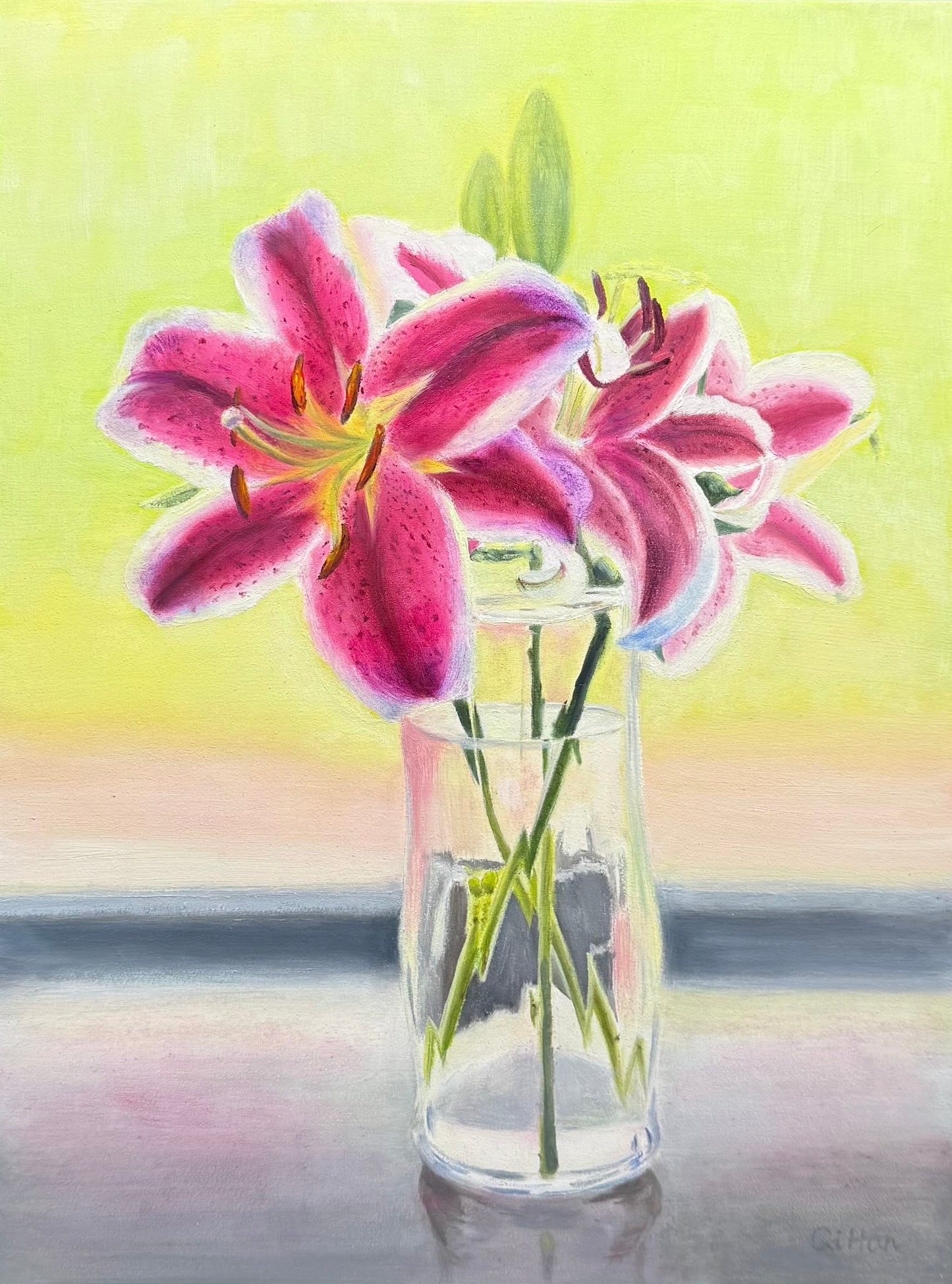 Original oil painting of backlit stargaze lilies in a transparent glass vase, painted on gessoed panel, with a green background.