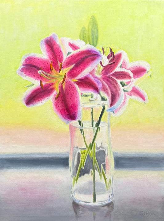Original oil painting of backlit stargaze lilies in a transparent glass vase, painted on gessoed panel, with a green background.